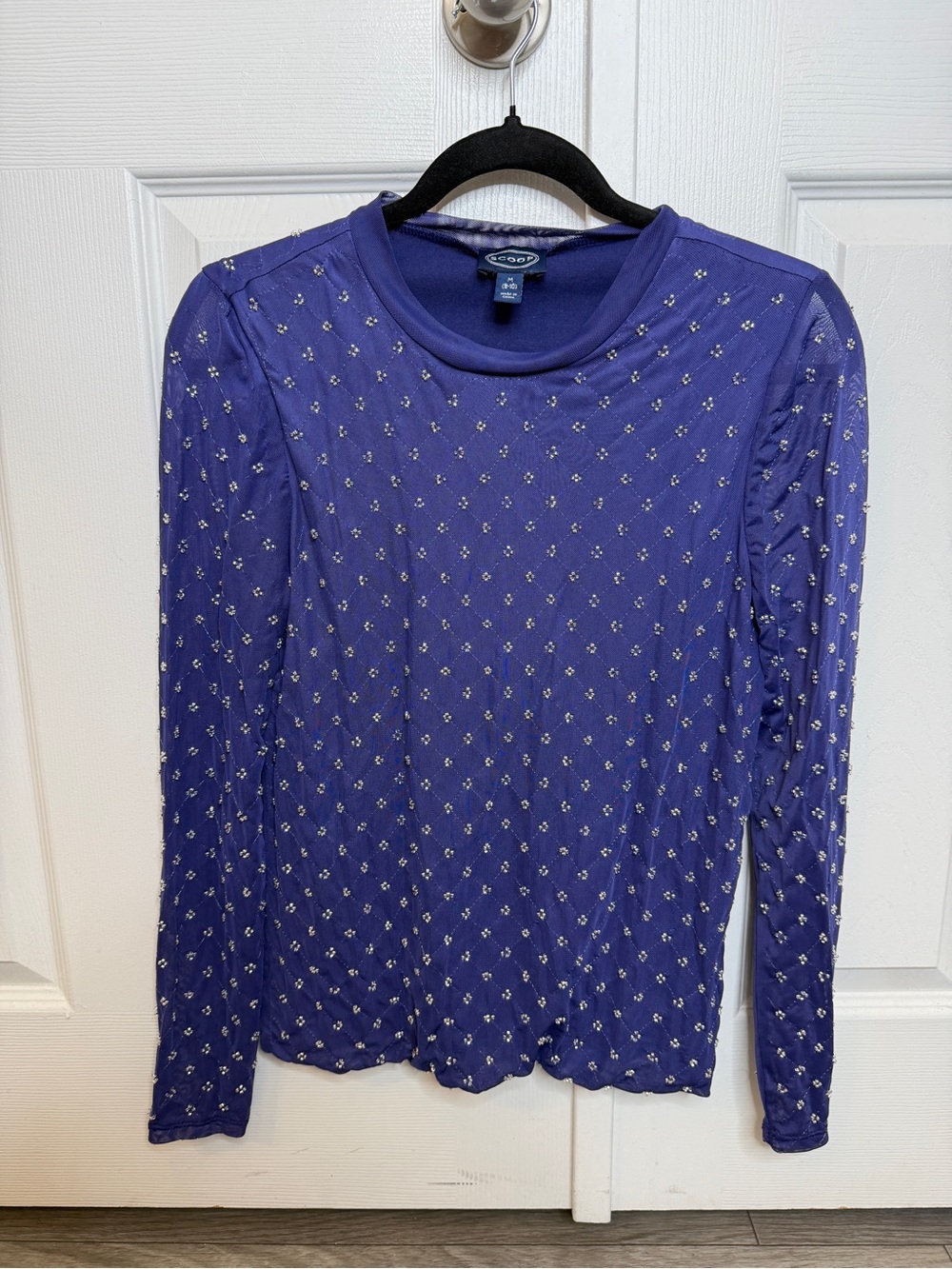 Y2K Scoop Purple Mesh Beaded Long Sleeve Top Ruched Stretch Sheer Size M